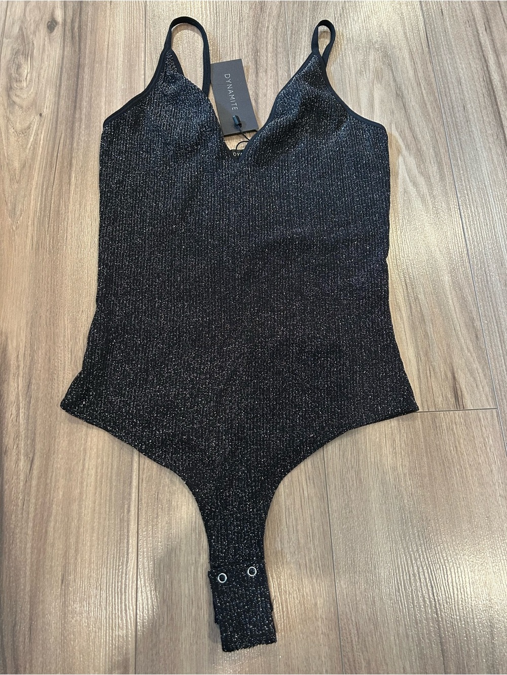 Dynamite Deep V-Neck Lurex Seamless Bodysuit Black with Silver